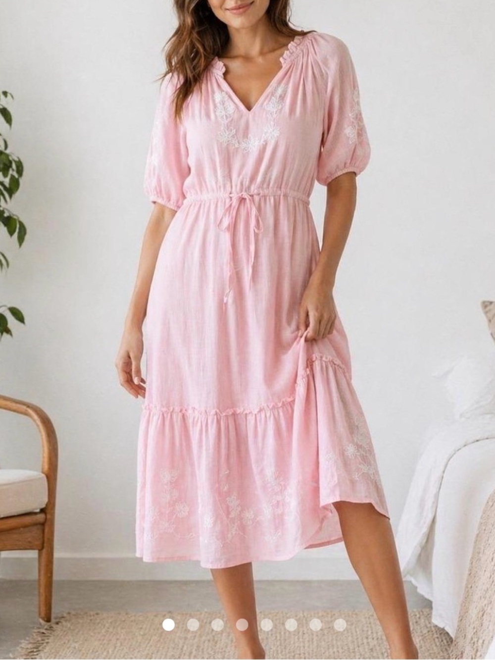 Draper James Pink Embroidered Drawstring Midi Dress